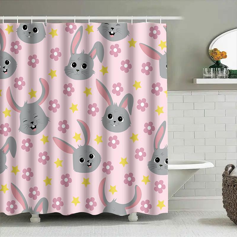 Cute Bunny Rabbit Shower Curtain Pink With Yellow Stars And Flowers For Kids Bathroom Decor (180X240Cm)