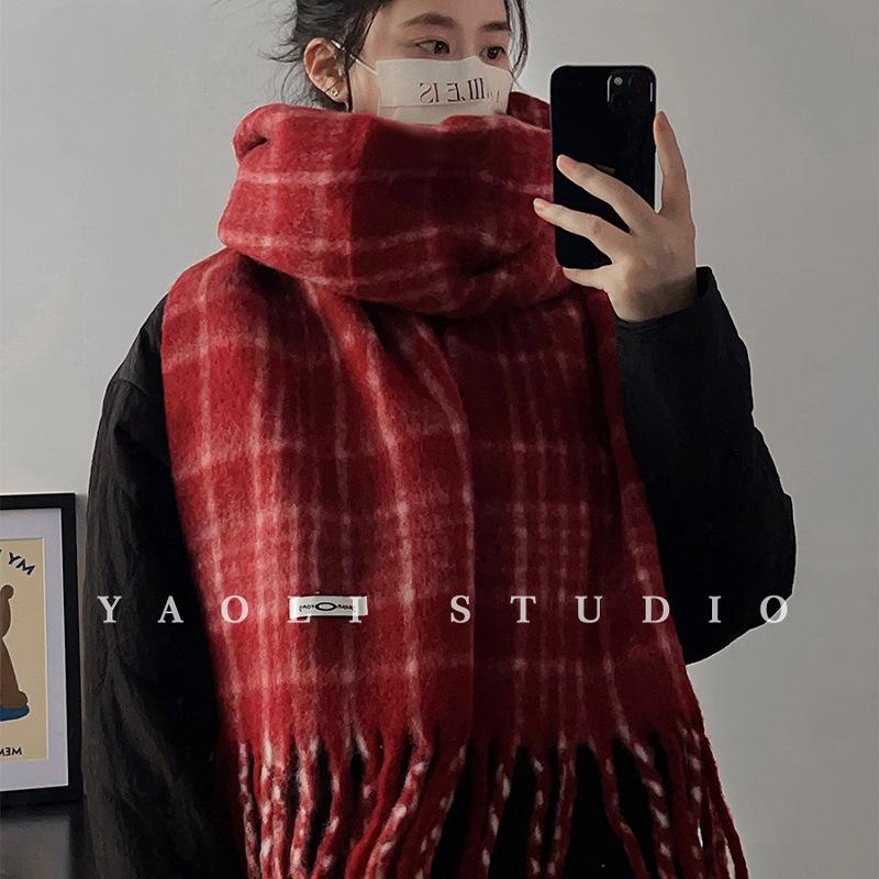 Red Plaid High End Brushed Scarf for Women Autumn and Winter Warm and Cold Proof Scarf Korean