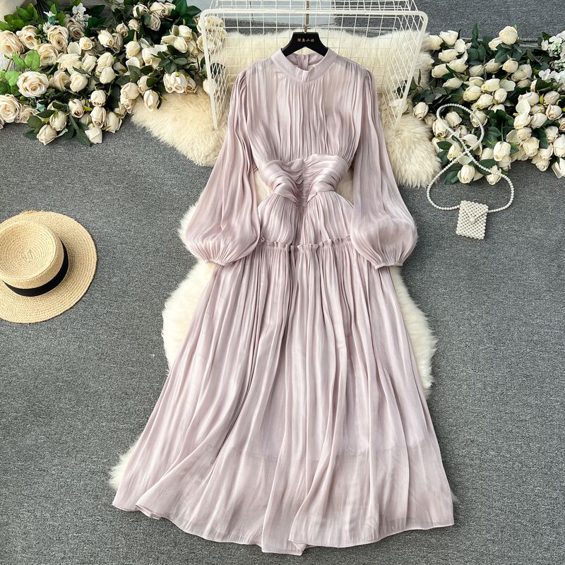 

Early Spring Fancy Elegant Long Section with a Stand Collar Dress Light purple XL