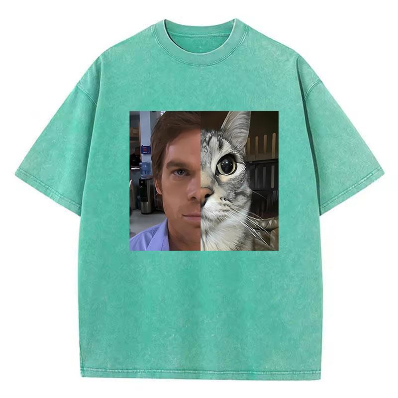 Fashion T Shirt Vintage Washed Cotton T-Shirt Movie Cat Graphic Tee Casual Streetwear Spring Summer Clothing