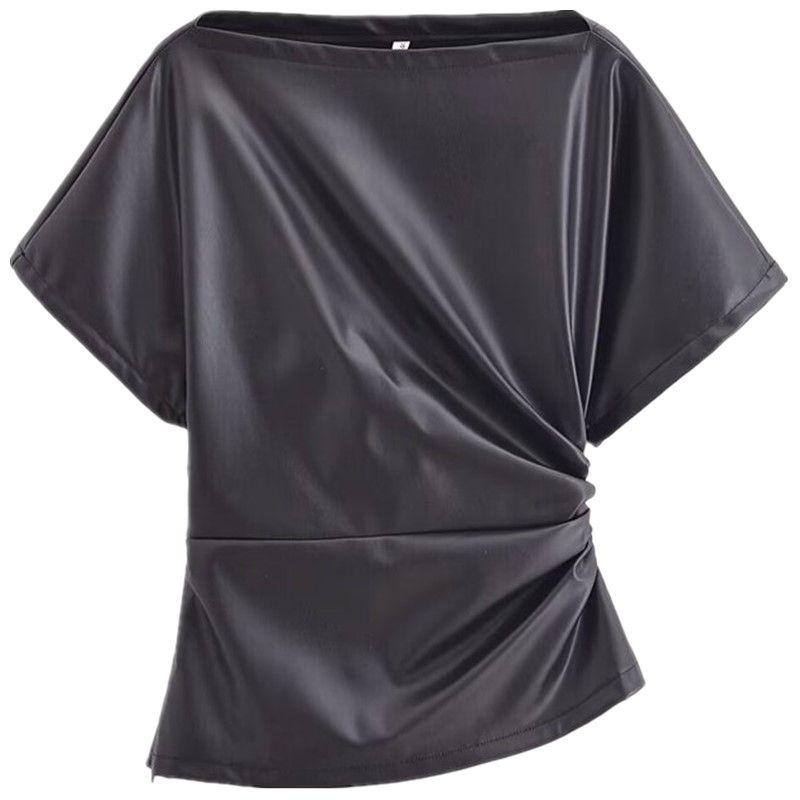 

Fashion Style 2024 Spring New Arrival Women s Silm off-Neck Short Sleeve Ruched Decorative Leather Tops 5479322 Black L