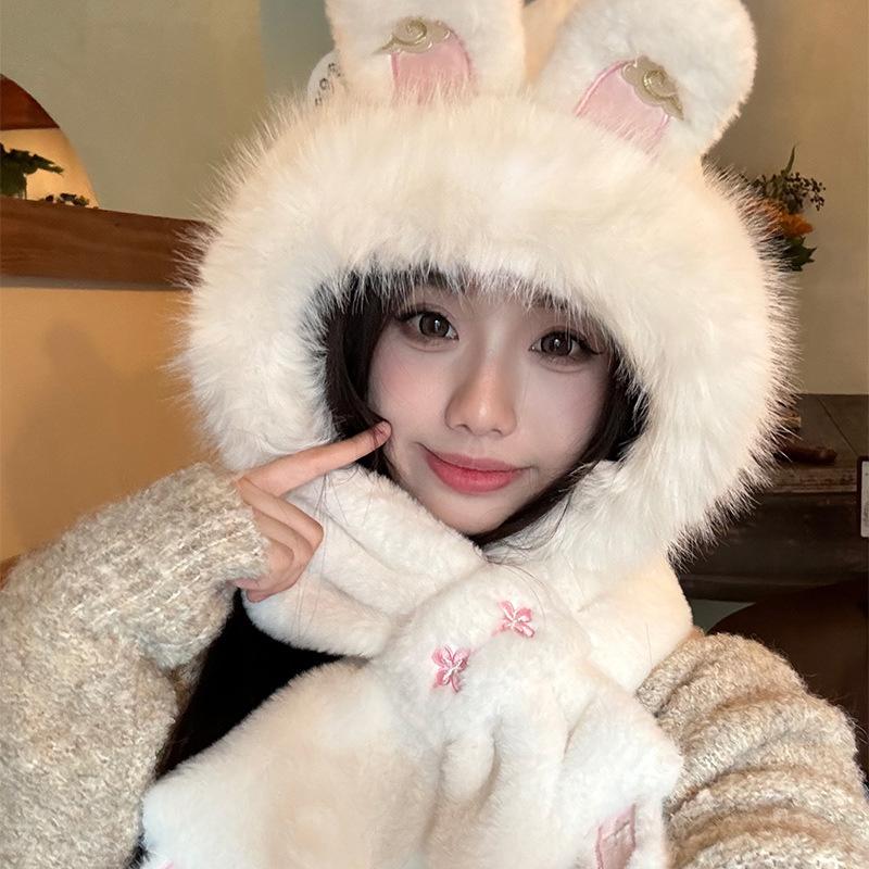 Plush Rabbit Hat and Scarf for Women In One Winter New Cute Warm Scarf Versatile Ear Protection Lei Feng Hat