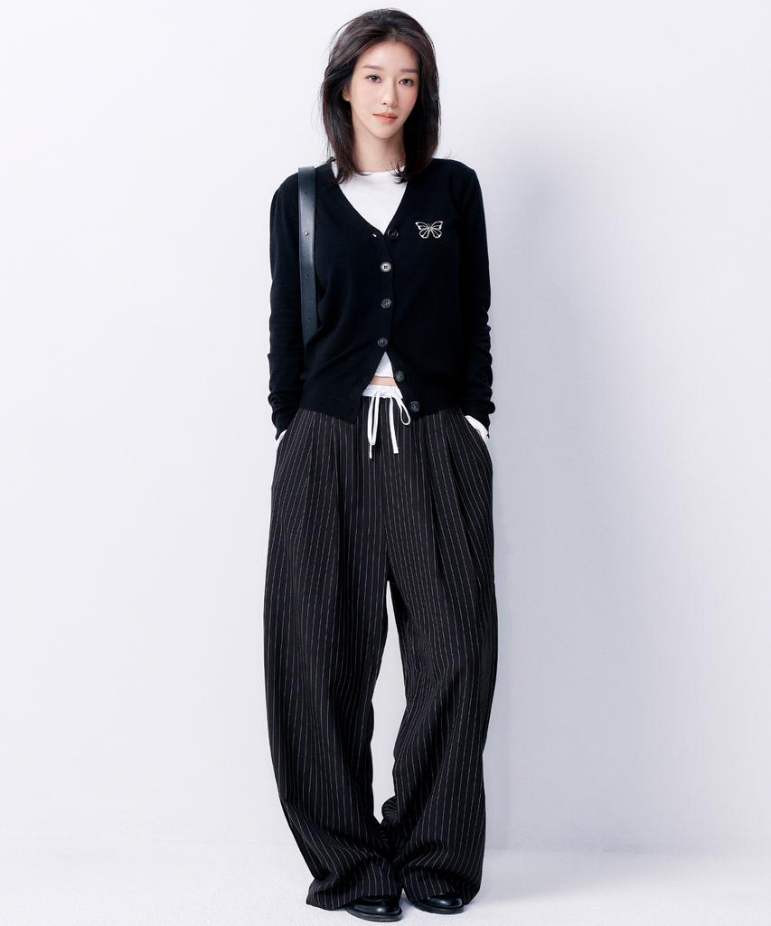 Nigaennikol Stripe Layered Pintuck Slacks_Black