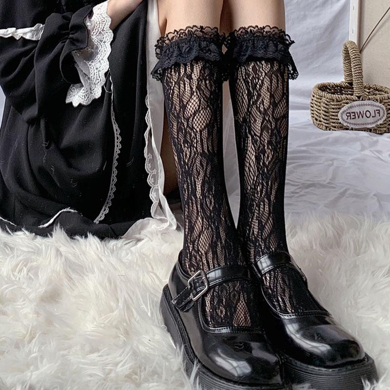Japanese JK Lace Stockings for Children Sweet Summer, Sexy Temptation Slimming White Lace Mid Length Calf Socks Thin Desig