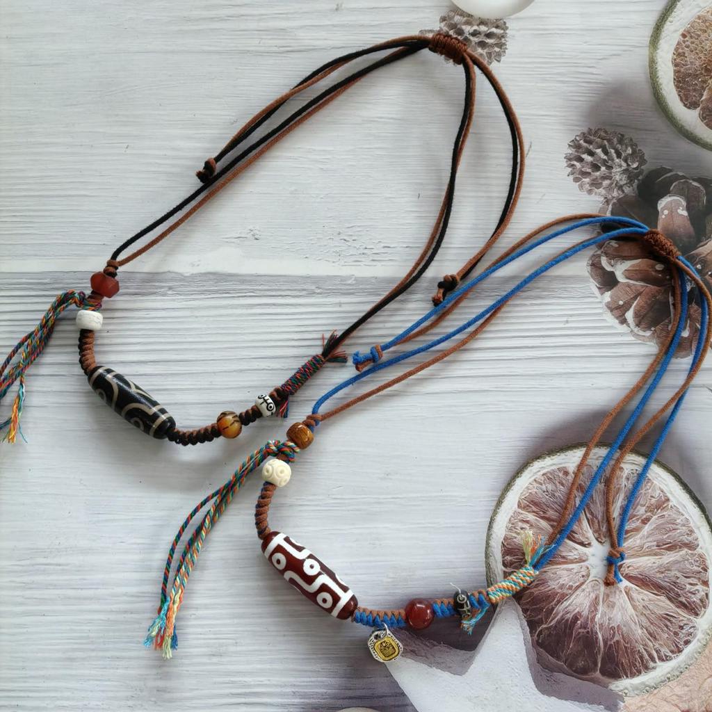 Adjustable Handmade Necklace with Agate Buddha Eye, 3-Eyed Dzi, and 9-Eyed Pendant