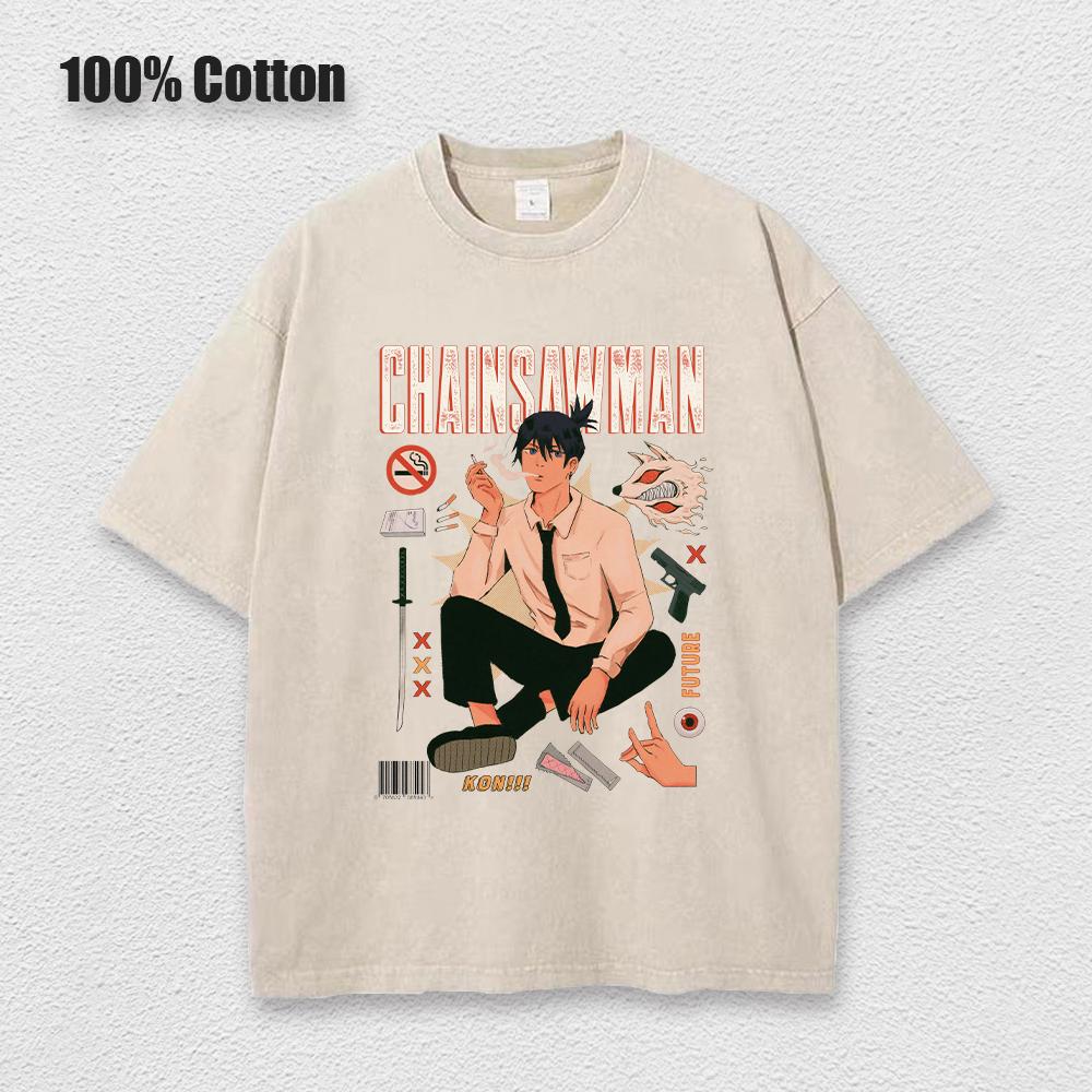 

Аниме Человек-бензопила Кислотная футболка Ретро Винтажная Выстиранная Принтованная Графическая Футболка Мужская Хлопковая Повседневная с Коротким Рукавом Футболка Топы M