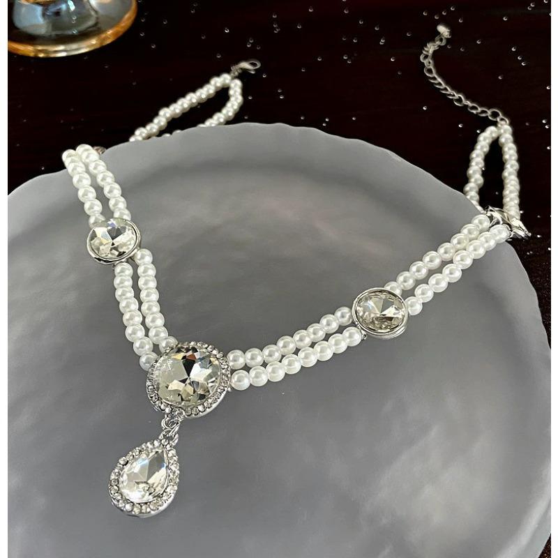 Korean Retro Pearl Diamond Fringed Neck Chain Internet Celebrity Temperament Design Sense Flower Bow Collarbone Chain Necklace Female