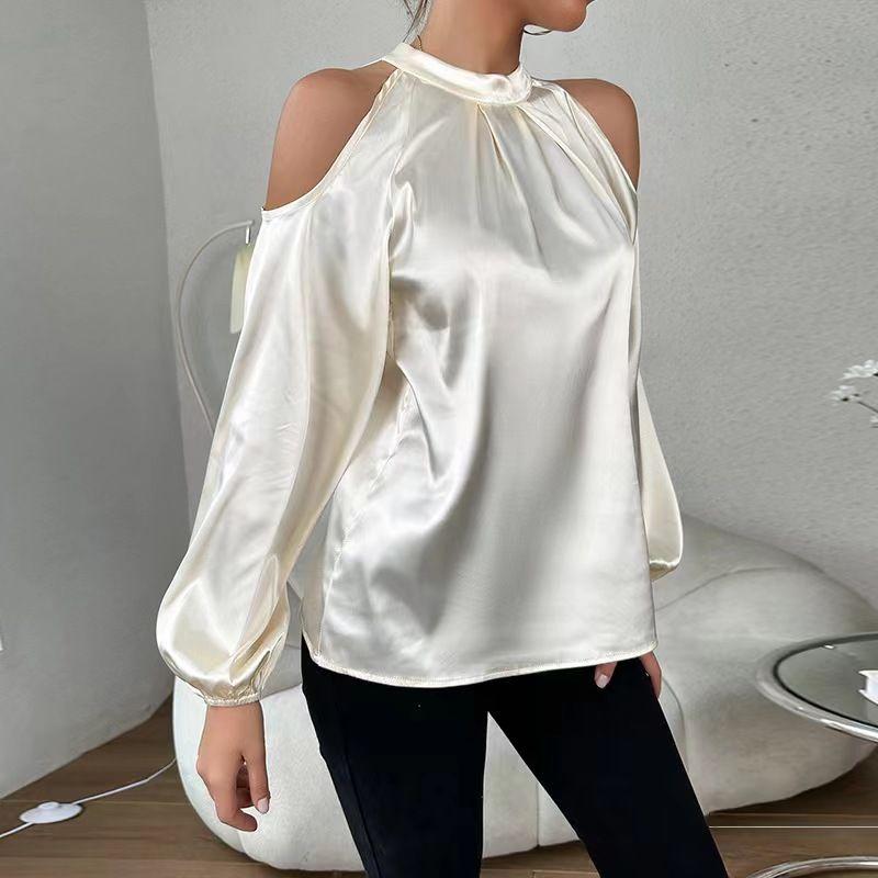 

Модный стиль Новинка Элегантная рубашка с открытыми плечами Однотонная с длинными рукавами Круглый вырез Рубашка с открытыми плечами Champagne 2XL