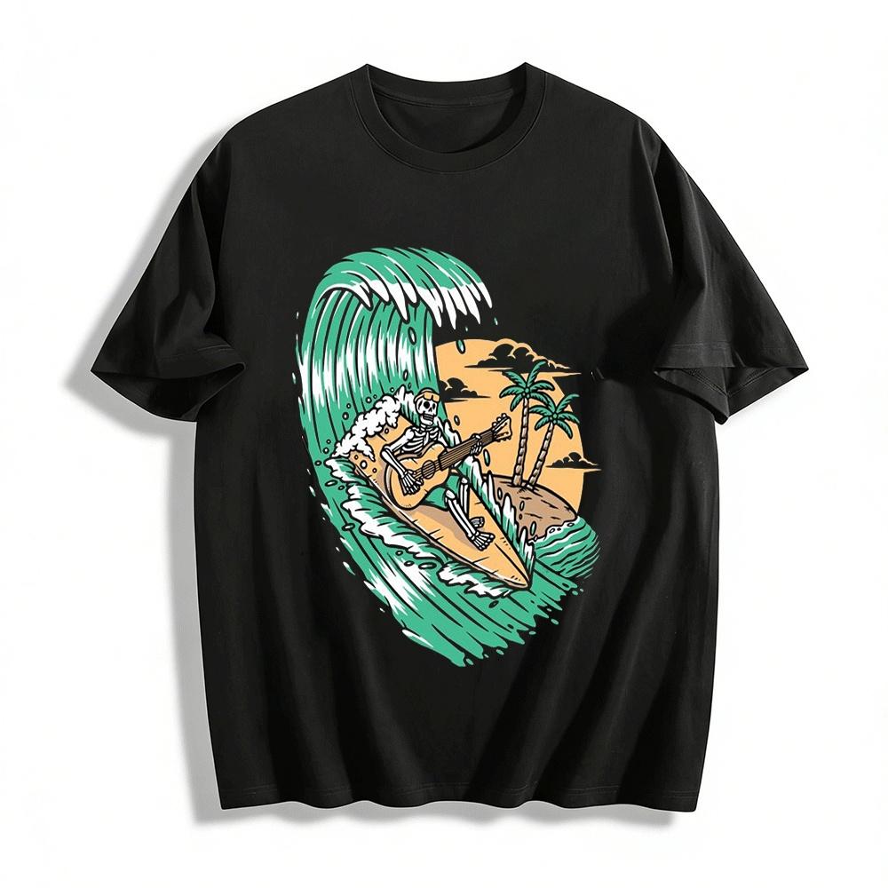 

Skeleton Surfing Playing Guitar Graphic Tee Casual Vacation Top Pure cotton T-shirt XXS