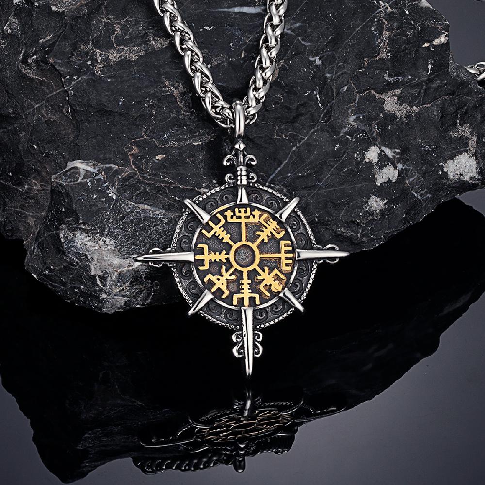 Retro Gold Vikings Compass Necklace Men Stainless Steel Norse Rune Amulet Pendant Vegvisir Jewelry