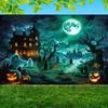 1pc2D Flat Halloween Polyester Backdrop - Haunted House and Ghost Graveyard Scene with Green Glowing Moon, No Power Required_sym