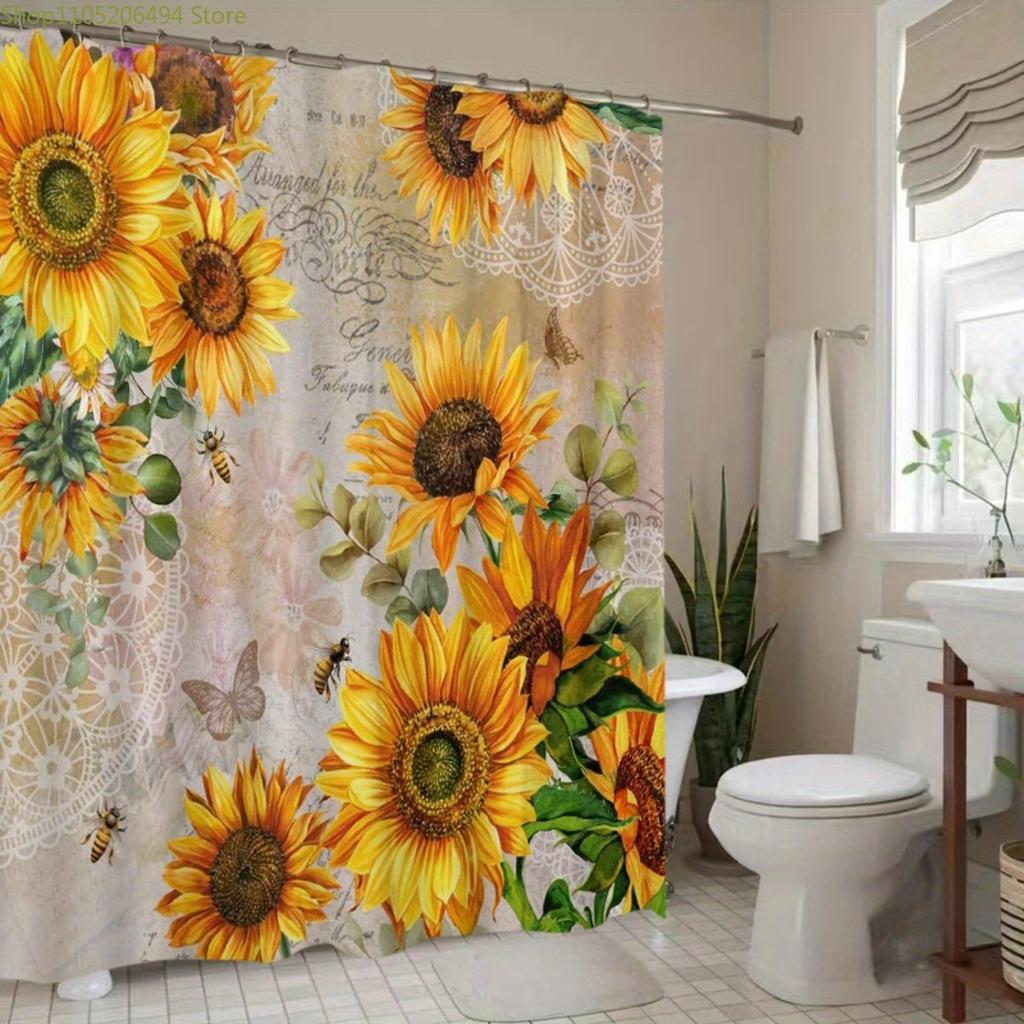 1pc Sunflower and Bee Pattern Shower Curtain, Home Decor Printed Liner No Drill Bathroom Partition