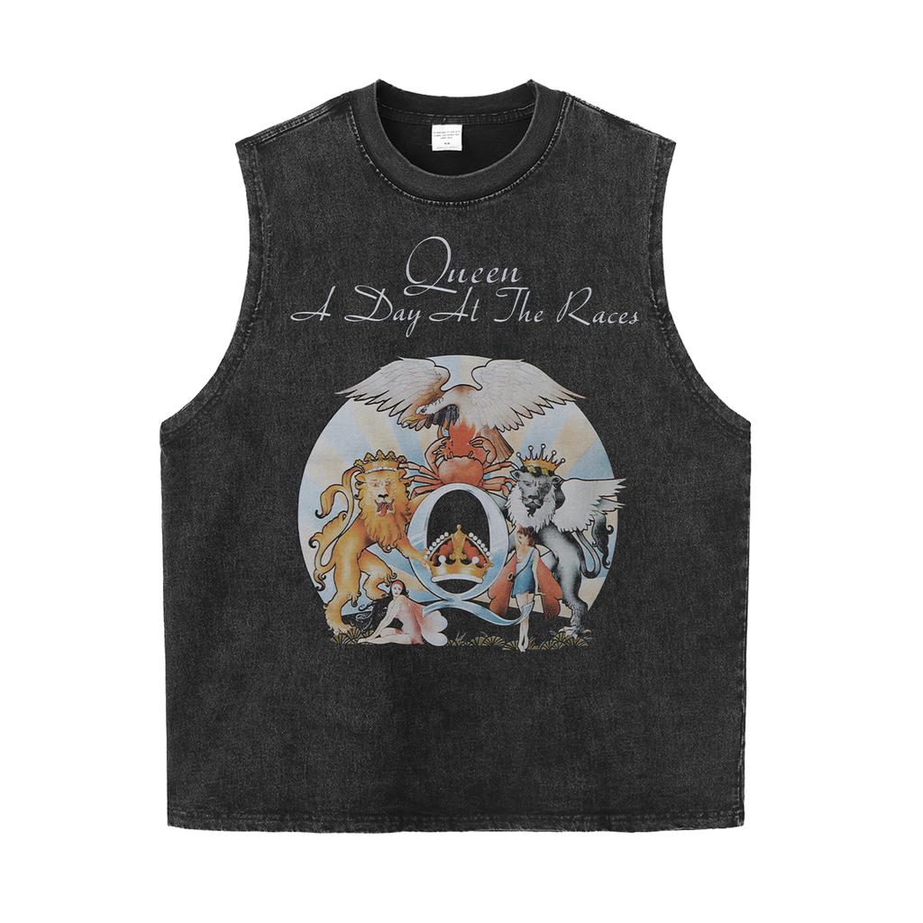 Vintage Washed Aged Queen Band Print American Street Rock Tank Tops Short Sleeve T-Shirt Mens Womens Sports Fitness