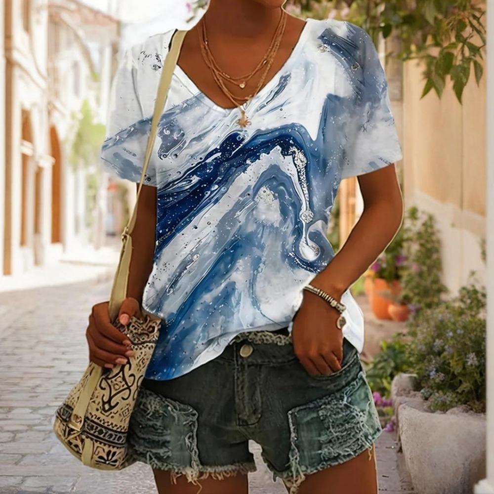 Women's V-neck T-shirt Summer Fashion Top Short-sleeved Ink Printing Pattern Loose Women's Outdoor T-shirt