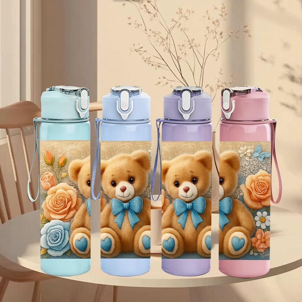 1PC Teddy Bear Rose Floral Print 750ml Color Plastic Sports Water Bottle Leakproof Flip Straw Lid Suitable for Sports Office Home Use
