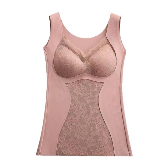 Sleeveless Thermal Tank Top for Women Fleece Lined Lace V Neck Base Layer with Built In Bra Warm Camisole Undershirts for Cold Weather