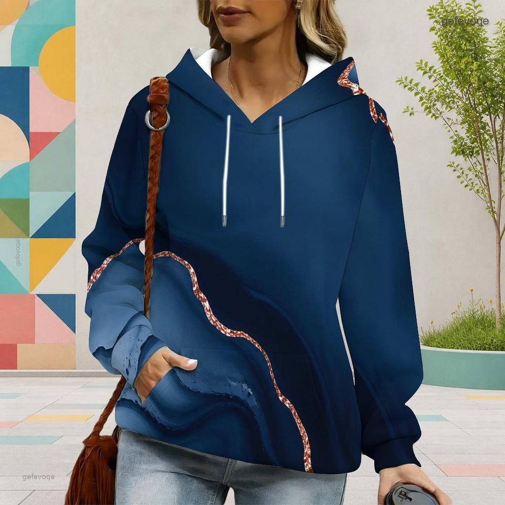 Women Plus Size Navy Blue Printed Long Sleeve Drawstring Hoodie With Kangaroo Pocket