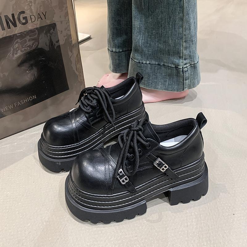 Fashion 8CM Women Leather Platform Sneakers Spring Ladies Wedge Heels Chunky Shoes Pumps Woman Lace-Up Thick Sole Casual Walking Shoes
