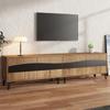 Móvel de TV 180*40*50cm, Cor de Madeira + Preto Mesclado Suporte de TV, com 4 Armários, Armário com 8 Pés de Suporte, Capacidade de Carga 30kg, Simétrico, Aparador