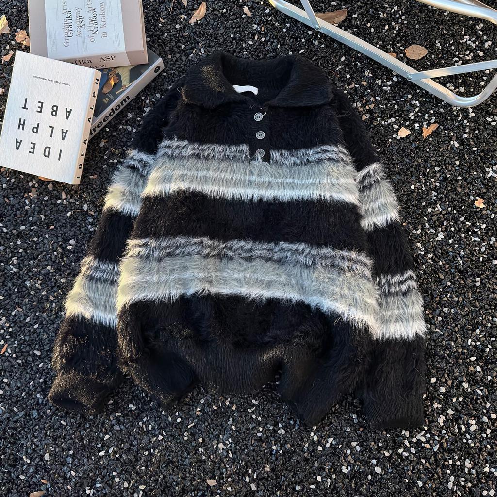 Unisex Striped Polo Collar Sweater - Trendy Autumn/Winter Knitwear for Men & Women