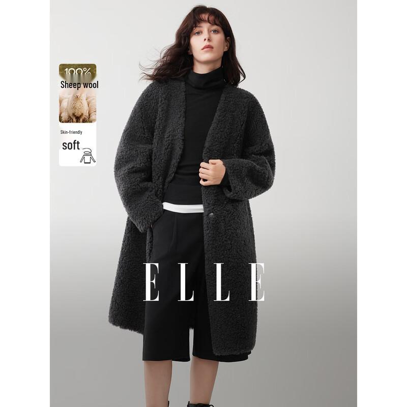 ELLE Women s V-Neck 100% Merino Wool Long Plush Coat L