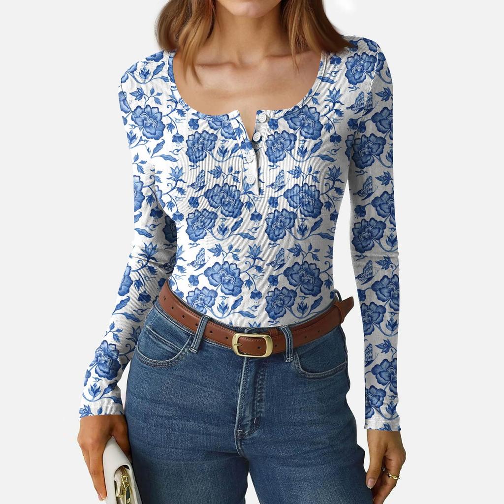 Women's Slim Bottom T-shirt Fashion Casual Gradient Printing Round Neck Pullover Long Sleeve Top