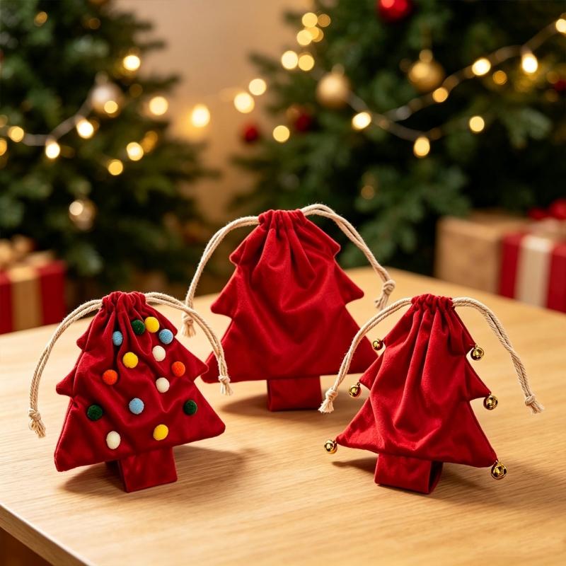 Soft Fabric Christmas Treat Bag Tree Ornament with Pull Cord Opening for Small Gifts and Holiday Table Display