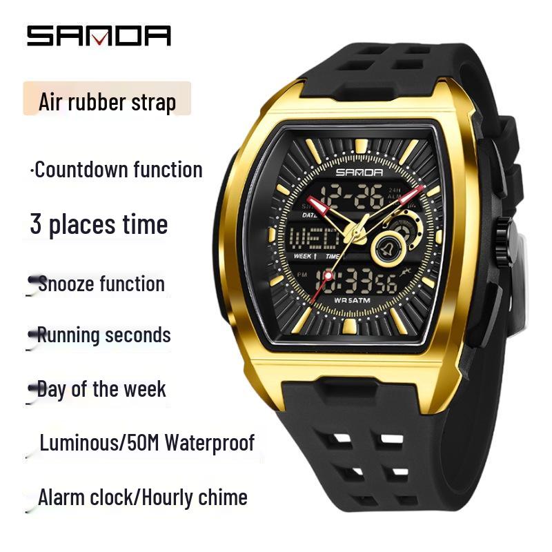 Sanda Men's Sports Barrel-Shaped Luminous Countdown Watch with Triple Time Zone and Dual Display, Waterproof Design.