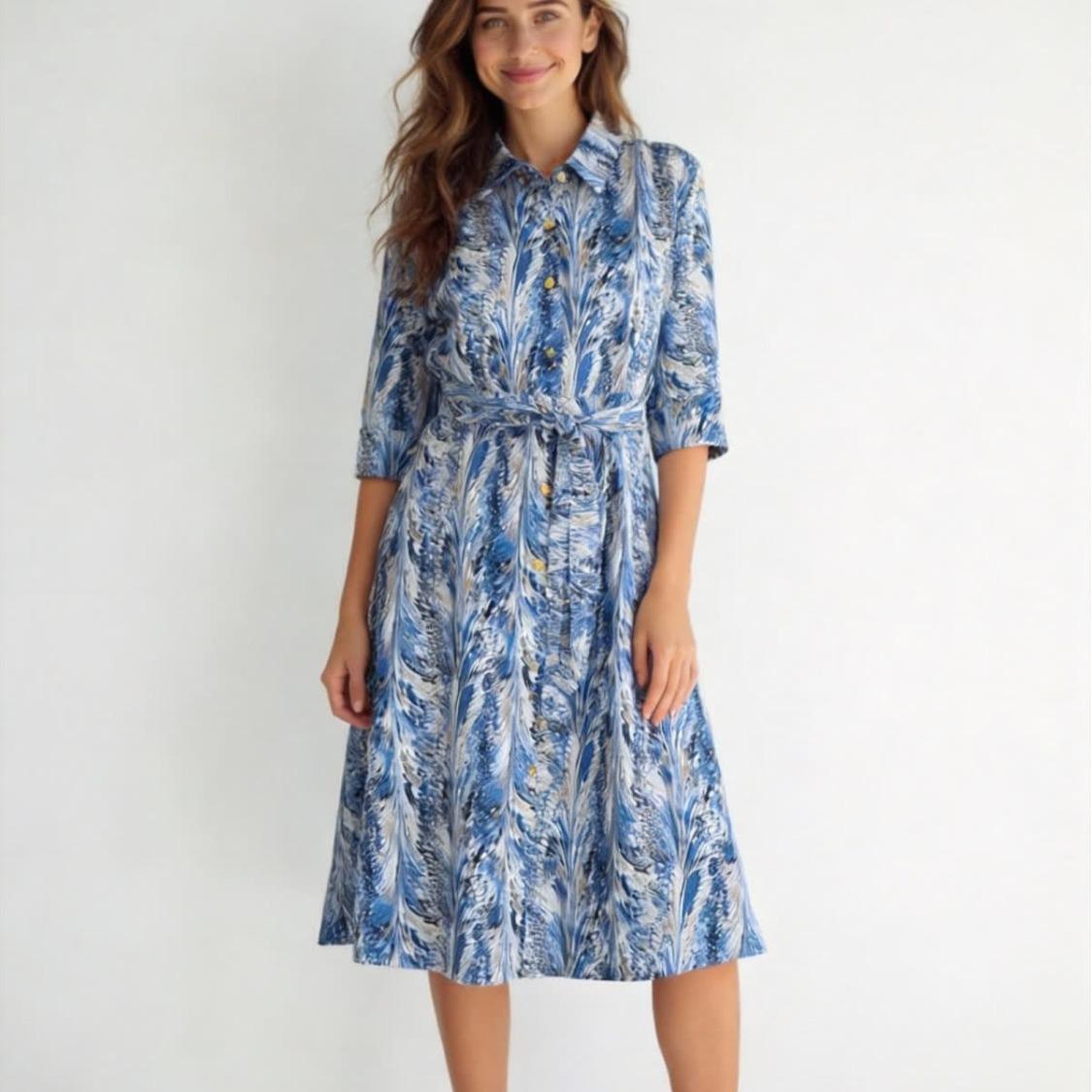

2026 Stylish European & American Retro Lapel Shirt Dress with Three-Quarter Sleeves XL