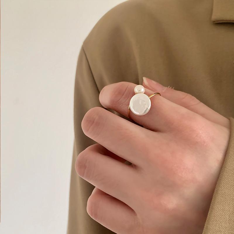 Large Natural Baroque Freshwater Pearl Open Ring Wrapped In Gold, Versatile High-end Finger Ring Ins Female Niche