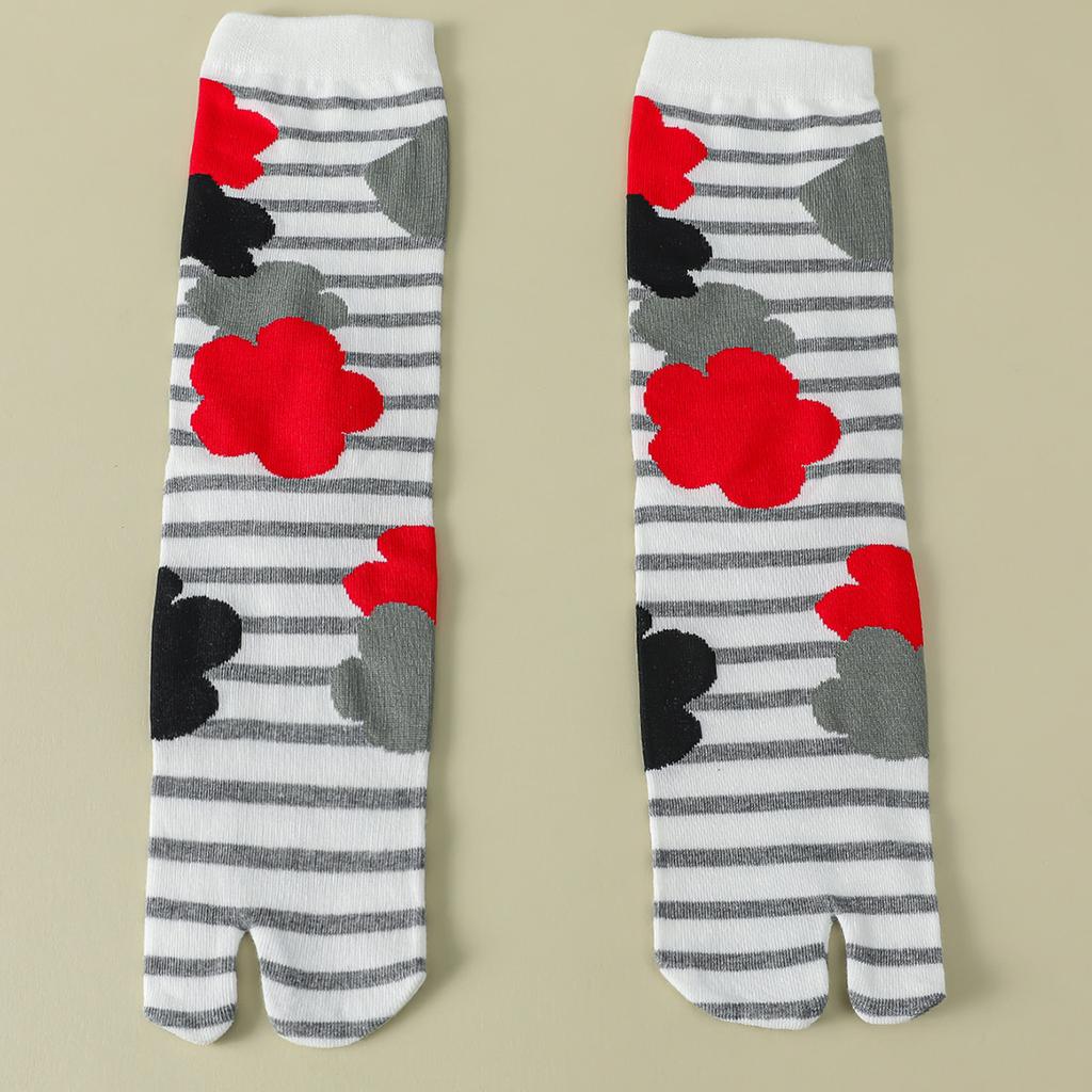 1 Pair Women Cartoon Combed Cotton Two Toe Socks Japanese Colorful Jacquard Split Toe Socks Floral Cute Funny Crew Tabi Socks