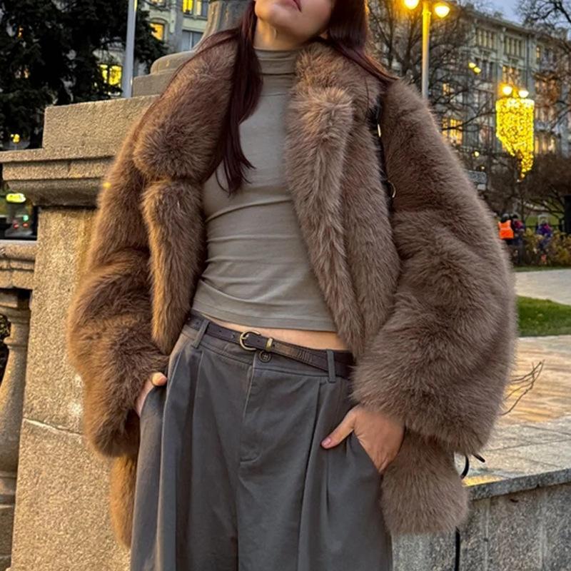Dámský kožich s klopovým límcem a dlouhým rukávem z umělé kožešiny, volný střih, Streetwear, Kožešinová bunda
