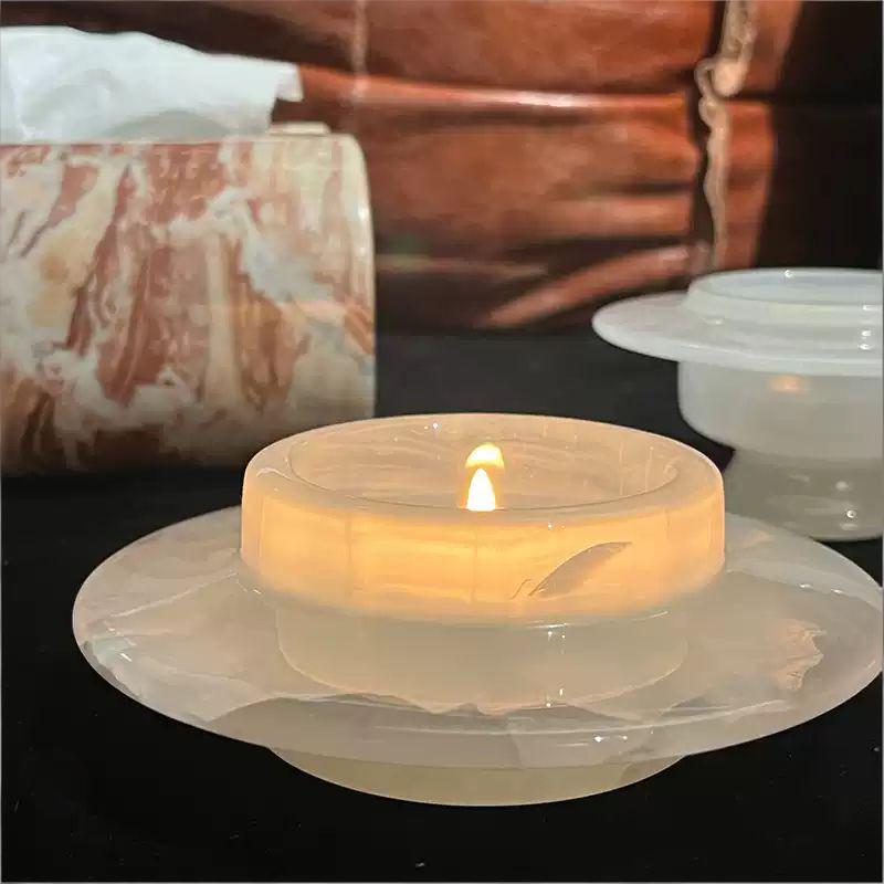 Luxury Natural White Onyx Candle Holder with Tray, Handmade Marble Vessel for Scented Candle Home Decor (White,12*4 CM)