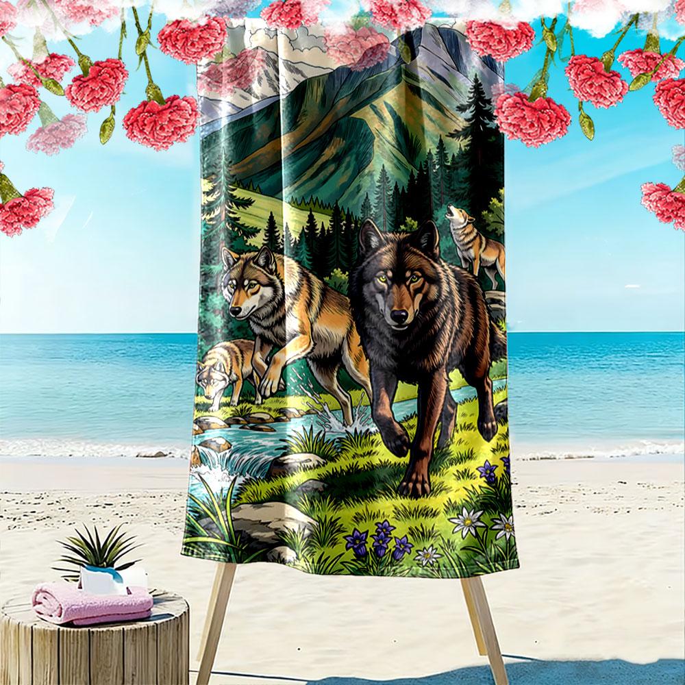 Wolves Roaming Serene Wilderness Print Beach Towel, Quick Drying, Suitable for Travel, Outdoor Sports, Jogging, the Beach and Swimming, Gift