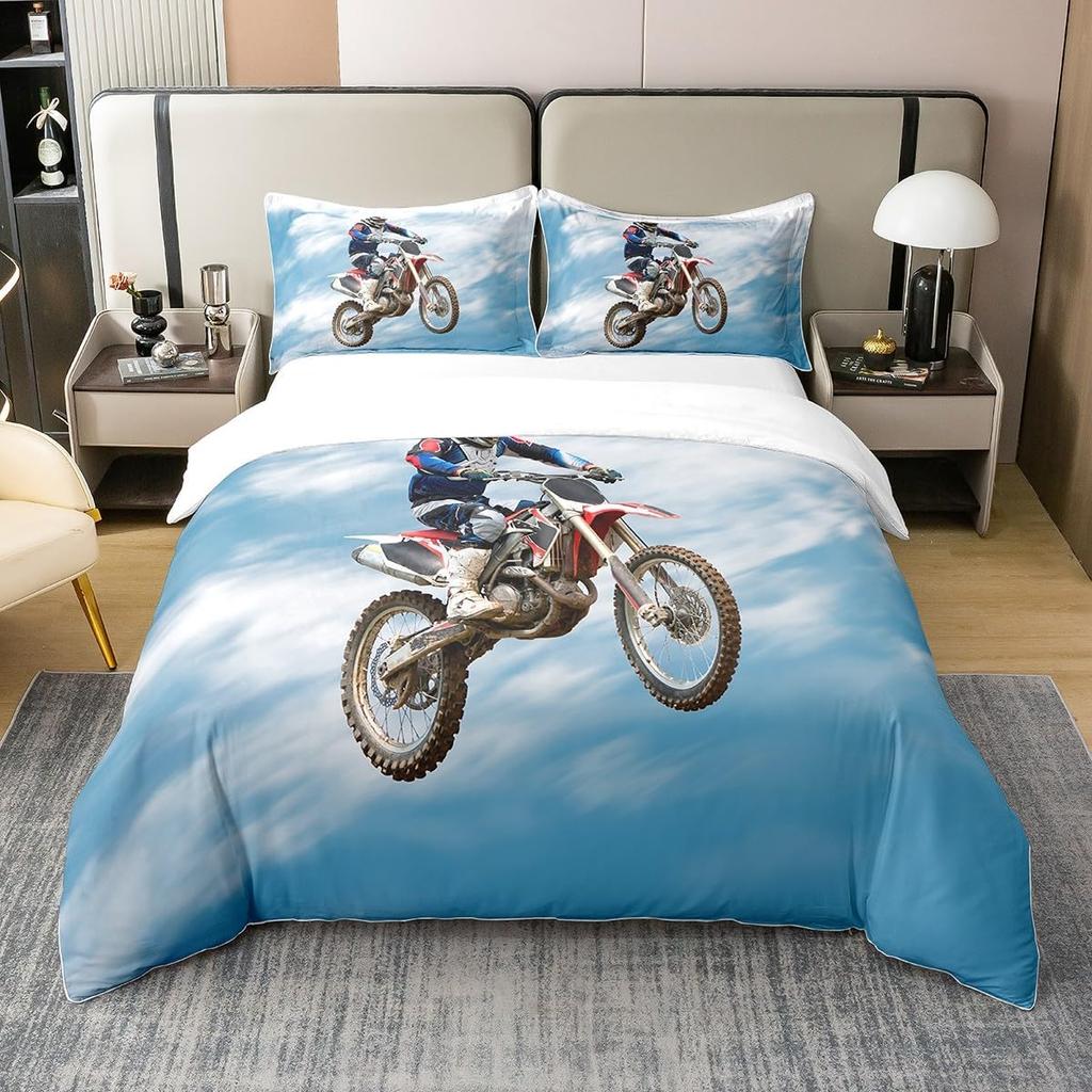 Motocross Down Duvet Cover Queen King Size Racing Bedding Set Motocross Rider Quilt Cover For Boys Teens Motorcycle Set 3 Pcs