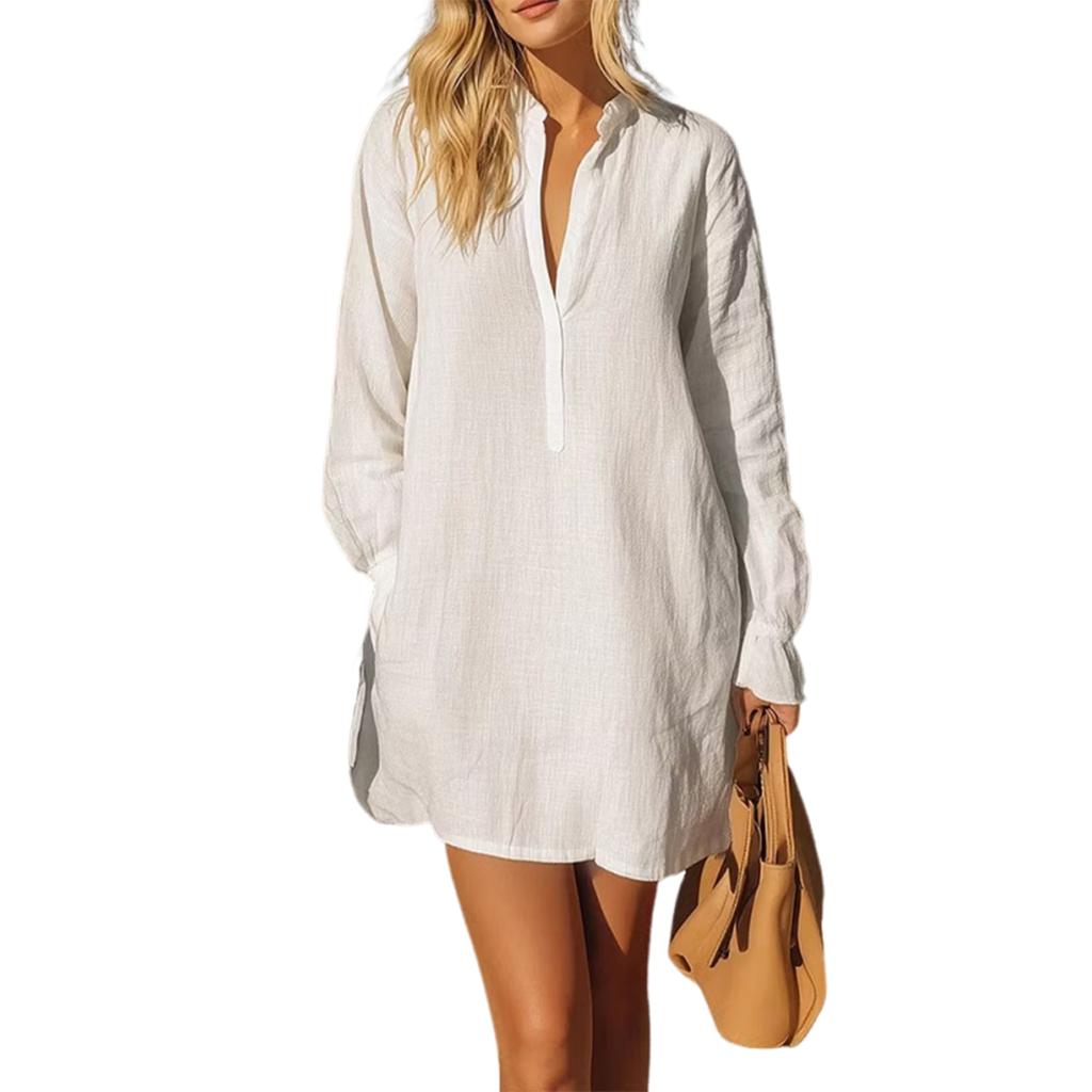 Abito a camicia da donna a vestibilità larga, manica lunga, collo Henley, tunica casual, tessuto leggero e confortevole