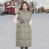 Yousheng Winter Women Vest Coat with Belt Padded Stand Collar Sleeveless Calf Length Down Waistcoat Zipper And Button Closure Cold Weather Outerwear