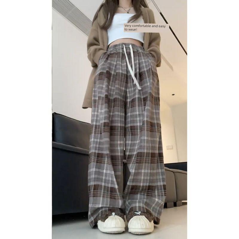 

Gray Fleece-Lined Black and Gray Wide-Leg Lazy Style Plaid Pants for Women, Spring and Autumn, Plus Size, Slimming, Drapey Casual Pants Brown Plaid Regular Version S