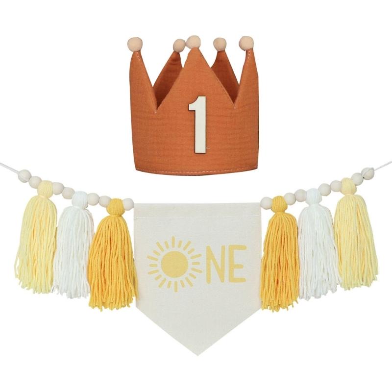 Handmade 1St Birthday High Chairs Banners Birthday Decoration for Baby Boys Girls with Garlands Crown Hat Photoshoots Props