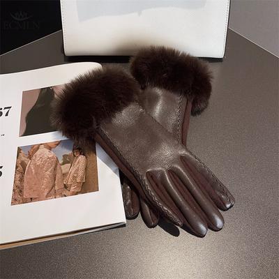Women's Thickened Fashionable Warm Gloves Winter Fleece-lined PU Leather and Suede Gloves for Women