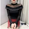 Spring Autumn Long-Sleeved Women's T-shirt Fashion Shiny Ruffles Diamonds Tops Femme Sexy Perspective Mesh Tees Clothes