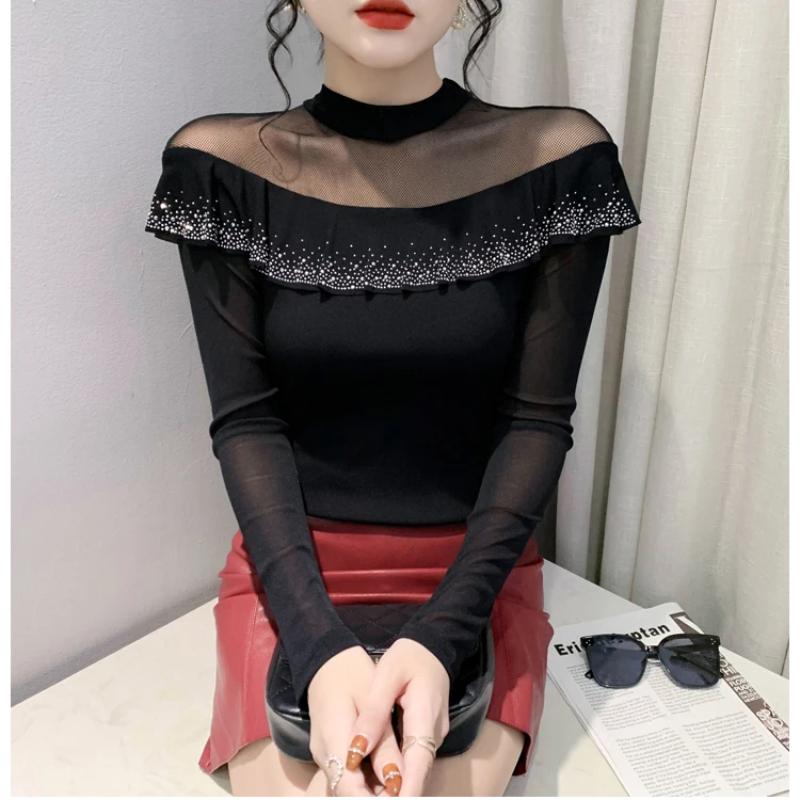 Spring Autumn Long-Sleeved Women's T-shirt Fashion Shiny Ruffles Diamonds Tops Femme Sexy Perspective Mesh Tees Clothes