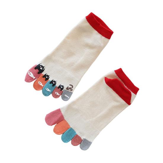Women Cotton Toe Socks Cartoon Cat Fish Design Five Finger Socks Casual No Show Athletic Running Crew Socks