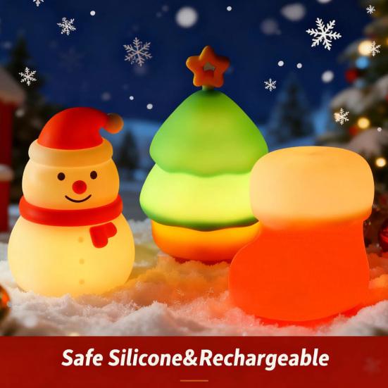 Christmas Night Light Bedside Touch Lamp with Color Changing Rechargeable Silicone Nightlight for Kids' Bedroom