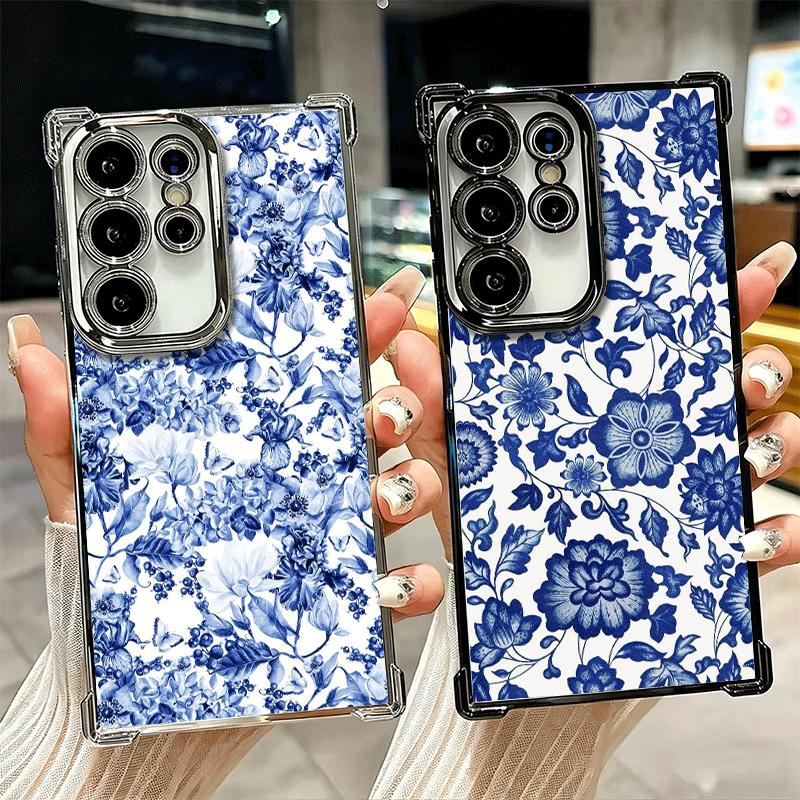 Blått och vitt porslinsmönsterpläteringsskal för Samsung Galaxy S24 S25 FE S26 Edge S23 Ultra S22 S21 Plus S20 Fallskydd