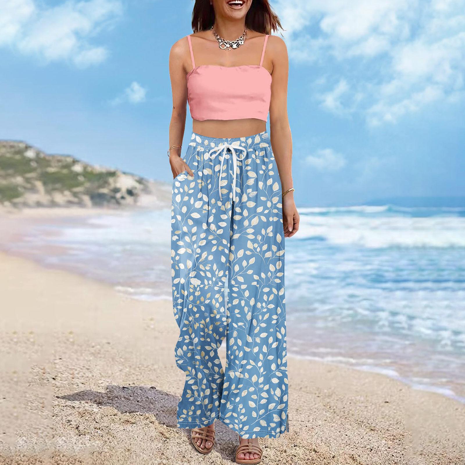 

Женские летние брюки-палаццо в стиле бохо с высокой талией, широкие повседневные брюки с цветочным принтом и карманами L