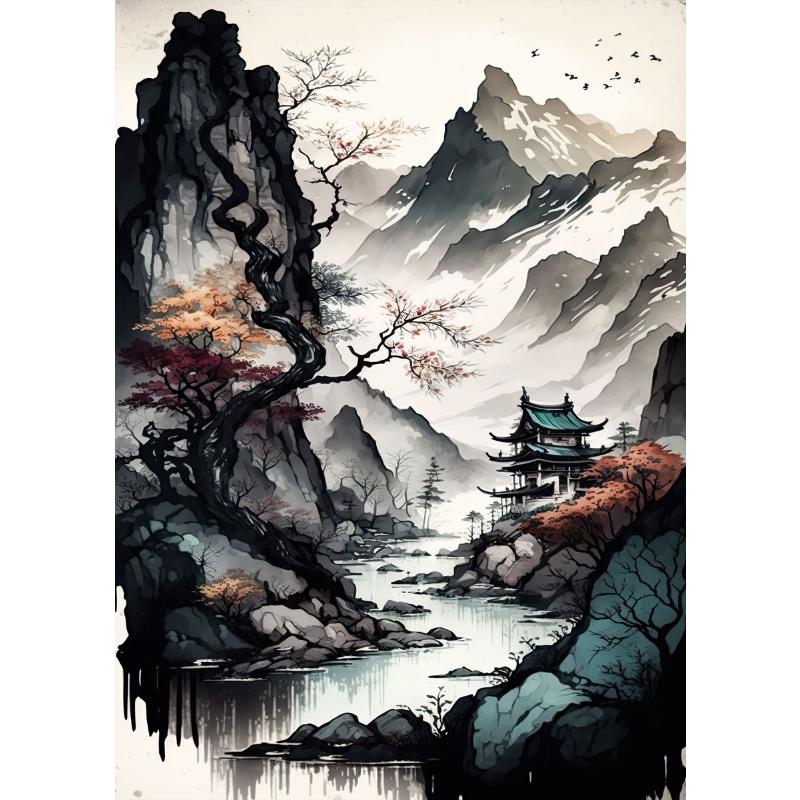 Chinesische Landschaft Paar Vögel Wald Berg Fluss Koi Karpfen Fisch Kunst Poster Drucke Leinwand Malerei Wandkunst Bild Heimdekor