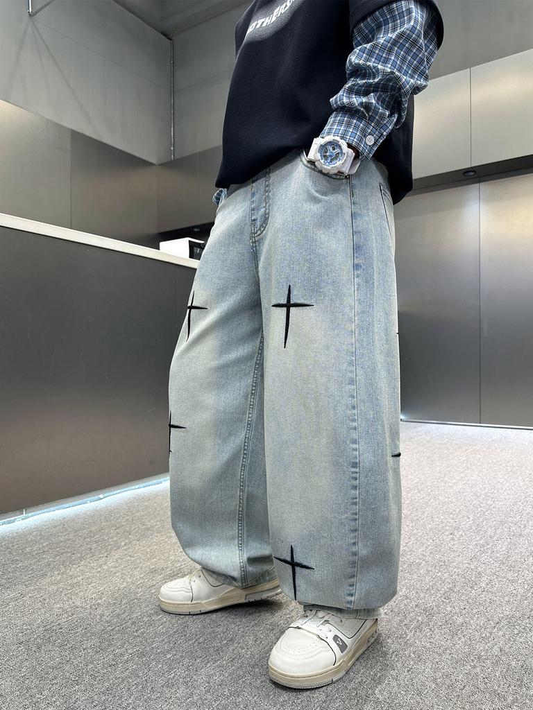Men's 2026 Spring Trend Loose Wide-Leg Jeans with Cross Star Embroidery