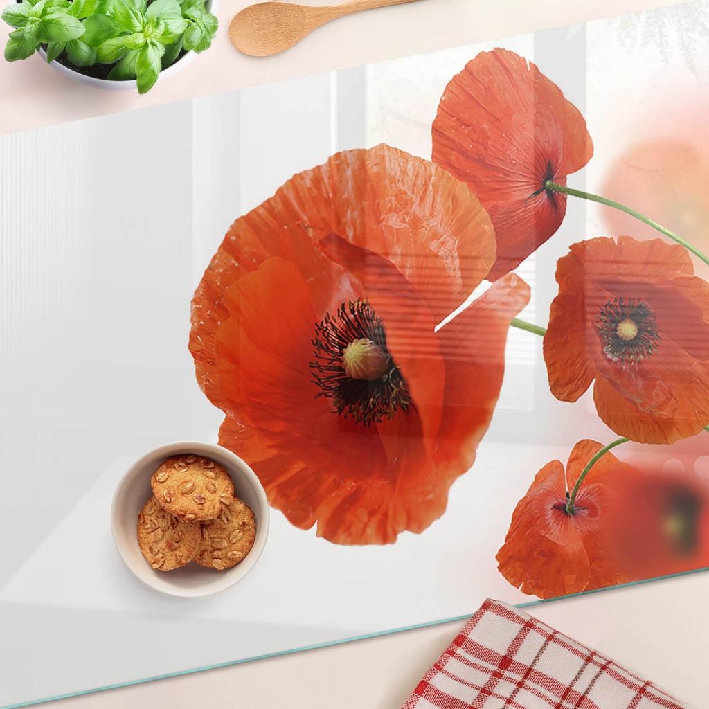 Durable and Stylish Tempered Glass Kitchen Board with a Poppy Pattern 80x52 cm