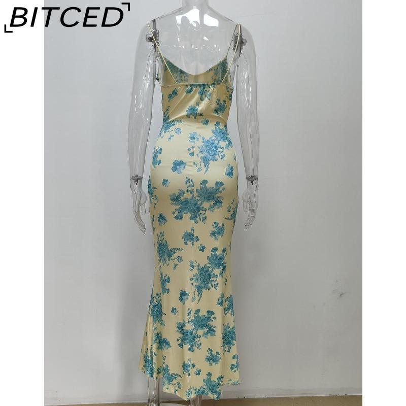 BITCED Spring Women's Fashion: Sensual Printed Strappy Waist-cinching Bodycon Maxi Halter Neck Dress